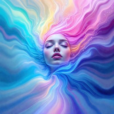 The primary subject of the image is a woman with pink hair, who is laying down and appears to be sleeping. The setting is a colorful, swirling background that creates a vibrant and lively atmosphere. The visual style is a combination of digital art and illustration, with the woman's hair and the background being the main focus of the image. The colors and mood are predominantly pink and purple, giving the scene a dreamy and serene feel.